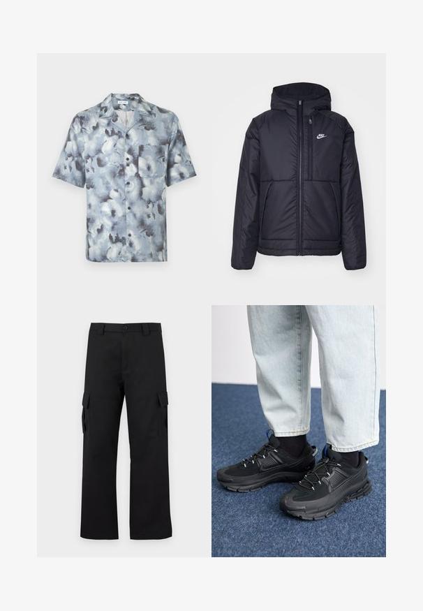 Černá zateplená bunda Nike s předním zipem a kapucí. Na levé straně hrudi má bílé logo a dvojité přední kapsy. Hladký povrch.; Košile s krátkým rukávem na knoflíky, s límečkem typu spread a kapsou na prsou v modrošedém abstraktním vzoru připomínajícím mraky.; Černé cargo kalhoty s rovnou nohavicí. Vyrobené z odolného materiálu, obsahují dvě boční kapsy se zapínáním na klopu a knoflíkový zip.; Černé sportovní boty s texturovanou tkaninou a gumovou podrážkou, s elastickými tkaničkami a modrým akcentem na patě. Nosí se s světlými džíny.