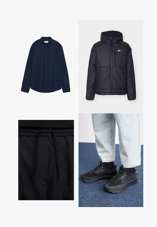 Czarna, pikowana kurtka Nike z przednim zamkiem błyskawicznym i kapturem. Posiada białe logo po lewej stronie klatki piersiowej oraz podwójne kieszenie z przodu. Gładka struktura zewnętrzna.; Koszula z guzikami w kratę w kolorze granatowym i zielonym, z zaokrąglonym dołem, długimi rękawami i kołnierzykiem. Posiada dwanaście guzików. Miękka struktura materiału.; Czarne szorty z elastycznym paskiem na sznurku, lekkiego materiału o gładkiej fakturze oraz prostym wzornictwie bez widocznych logo czy wzorów.; Czarne buty sportowe z teksturowanej tkaniny i gumowymi podeszwami, z elastycznymi sznurówkami i niebieskim akcentem na pięcie. Noszone z jasnymi dżinsami.