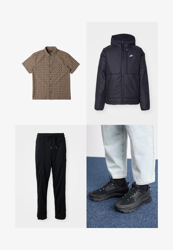 Zwarte, gewatteerde Nike-jas met een voorkant met ritssluiting en capuchon. Kenmerkt zich door een wit logo op de linkerborst en dubbele frontzakken. Gladde buitenkant.; Korte mouw button-up shirt in bruin tinten met een ruitpatroon, voorzien van een borstzak en een verspreide kraag.; Zwarte casual broek met koord in de taille, met zijzakken en rechte pijpen op een effen achtergrond.; Zwarte sportschoenen met gestructureerde stof en rubberen zolen, met elastische veters en een blauwe accent op de hiel. Draag samen met lichte spijkerbroeken.