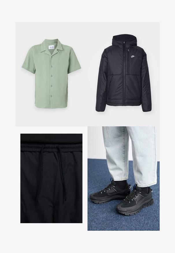 Chaqueta acolchada negra de Nike con cremallera frontal y capucha. Presenta un logo blanco en el lado izquierdo del pecho y dos bolsillos frontales. Textura exterior suave.; Camisa de manga corta en verde claro, hecha de tela texturizada. Presenta un cuello clásico, botones frontales y un corte relajado con dobladillo redondeado.; Pantalones cortos negros con cinturilla ajustable, tejido ligero con una textura suave y un diseño sencillo sin logotipos visibles ni patrones.; Zapatillas deportivas negras con tejido texturizado y suelas de goma, con cordones elásticos y un acento azul en el talón. Combinadas con pantalones de mezclilla claros.