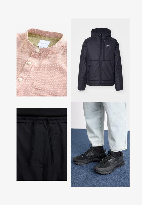 Čierna, polstrovaná bunda Nike so zipsom vpredu a kapucňou. Na ľavej strane hrude sa nachádza biele logo a sú tu dva predné vrecká. Hladký vonkajší povrch.; Krátky rukáv košeľa v broskyňovej textílii s bielym vzorom, so stojáčikom, prednými gombíkmi a vreckom na hrudi. Vo vnútri má vzorovanú podšívku.; Čierne šortky s pásom na stiahnutie, z ľahkej látky s hladkou textúrou a jednoduchým dizajnom bez viditeľných log alebo vzorov.; Čierne športové topánky s textúrovanou tkaninou a gumovou podrážkou, so elastickými šnúrkami a modrým akcentom na päte. Nosia sa s svetlými riflami.