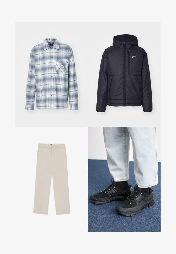 Melna, pufota Nike jaka ar priekšējo rāvējslēdzēju un kapuci. Iezīmēta ar baltu logotipu uz kreisās krūtis un divām priekšējām kabatām. Gluda ārējā tekstūra.; Pogu krekls ar šķirbēm, zils un balts, ar garām piedurknēm, krūšu kabatu un logo uzlīmi netālu no kabatas. Izgatavots no kokvilnas.; Beige plati bikses ar gludu tekstūru, ar jostu cilpiņām, divām priekšējām kabatām un ar rāvējslēdzēja aizdari. Minimālisma dizains.; Melni sporta apavi ar strukturētu audumu un gumijas zoli, ar elastīgām auklām un zilu akcentu uz papēža. Nēsāti ar gaišām džinsu biksēm.