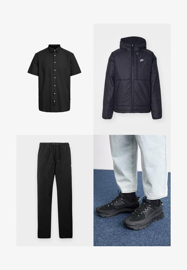 Sort, polstret Nike-jakke med frontlynlås og hætte. Har et hvidt logo på venstre bryst og to frontlommer. Glat ydre tekstur.; Sort kortærmet skjorte lavet af glat stof, med en krave der kan knappes ned, frontknapper med lys farve akcenter, og lige skåret kant.; Sorte sweatpants lavet af fleece, med en elastisk talje med snore, to frontlommer og et lille logo på låret.; Sorte træningssko med tekstureret stof og gummisåler, udstyret med elastiske snørebånd og en blå detalje på hælen. Bæres med lyse denimbukser.