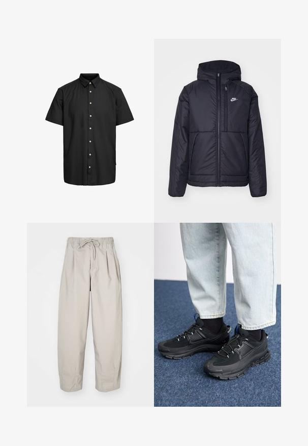 Svart, polstret Nike-jakke med frontglidelås og hette. Har en hvit logo på venstre bryst og doble frontlommer. Glatt ytterside.; Svart kortermet skjorte laget av glatt stoff, med en knapp-ned krage, frontknapper med lyse farger og rett klipp nederst.; Beige, lette bukser med elastisk midje og snor. Har folder og løs passform, laget av myk og glatt stoff.; Svarte sportssko med teksturert stoff og gummisåler, med elastiske lisser og en blå detalj på hælen. Brukt med lyse denimbukser.