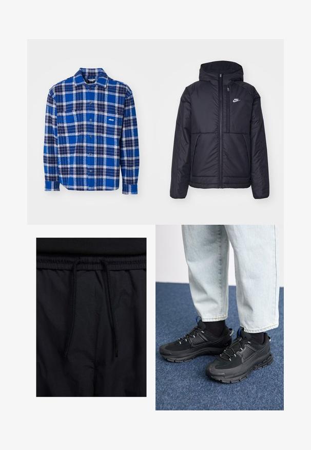 Casaco Nike preto, acolchoado, com fecho à frente e capuz. Apresenta um logo branco no lado esquerdo do peito e dois bolsos frontais. Textura exterior lisa.; Camisa de flanela xadrez em azul e marinho com detalhes brancos. Apresenta um fecho de botões na frente e um bolso no peito. Textura suave com um corte relaxado.; Calções pretos com um cós elástico ajustável, fabricados em tecido leve com uma textura suave e um design simples, sem logótipos ou padrões visíveis.; Sapatilhas desportivas pretas com tecido texturizado e solas em borracha, apresentando atacadores elásticos e um detalhe azul no calcanhar. Usadas com calças de ganga claras.