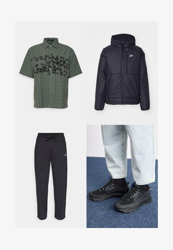 Chaqueta acolchada negra de Nike con cremallera frontal y capucha. Presenta un logo blanco en el lado izquierdo del pecho y dos bolsillos frontales. Textura exterior suave.; Camisa de cuadros de manga corta en verde oscuro y negro, con un cierre de botones en la parte delantera y un atrevido estampado de texto negro en el pecho.; Pantalones de chándal negros hechos de una tela suave, con cintura elástica, cordón y un pequeño logo de Nike en el muslo izquierdo.; Zapatillas deportivas negras con tejido texturizado y suelas de goma, con cordones elásticos y un acento azul en el talón. Combinadas con pantalones de mezclilla claros.