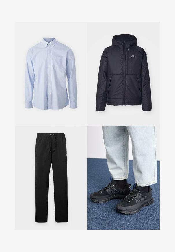 Czarna, pikowana kurtka Nike z przednim zamkiem błyskawicznym i kapturem. Posiada białe logo po lewej stronie klatki piersiowej oraz podwójne kieszenie z przodu. Gładka struktura zewnętrzna.; Niebieska koszula zapinana na guziki, wykonana z lekkiego materiału, z wyrazistym kołnierzykiem, długimi rękawami i jedną kieszenią na piersi.; Czarne spodnie dresowe z polaru, z elastycznym paskiem w talii ze sznurkiem, dwiema przednimi kieszeniami oraz małym logo na udzie.; Czarne buty sportowe z teksturowanej tkaniny i gumowymi podeszwami, z elastycznymi sznurówkami i niebieskim akcentem na pięcie. Noszone z jasnymi dżinsami.
