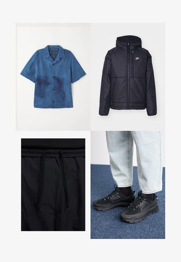Must musta Nike jope, millel on ees lukuga avamine ja kapuuts. Vasakpoolne rind on kaunistatud valge logoga ning ees on kaks taskut. Sile välimine tekstuur.; Sinine lühikeste varrukatega särk pehmest kangast, mille ees on tasku, mustad nupud ja ainulaadne tekstuur tumedamatest sinistest mustritest.; Mustad lühikesed püksid, millel on paelaga vöökoht, kerge kangas, mis on sileda tekstuuriga ning lihtne disain ilma nähtavate logode või mustriteta.; Mustad mustad jooksukingad, millel on tekstureeritud kangas ja kummist tallad, elastsed nöörid ning sinine aksent kandadel. Kandmine heledate teksadega.