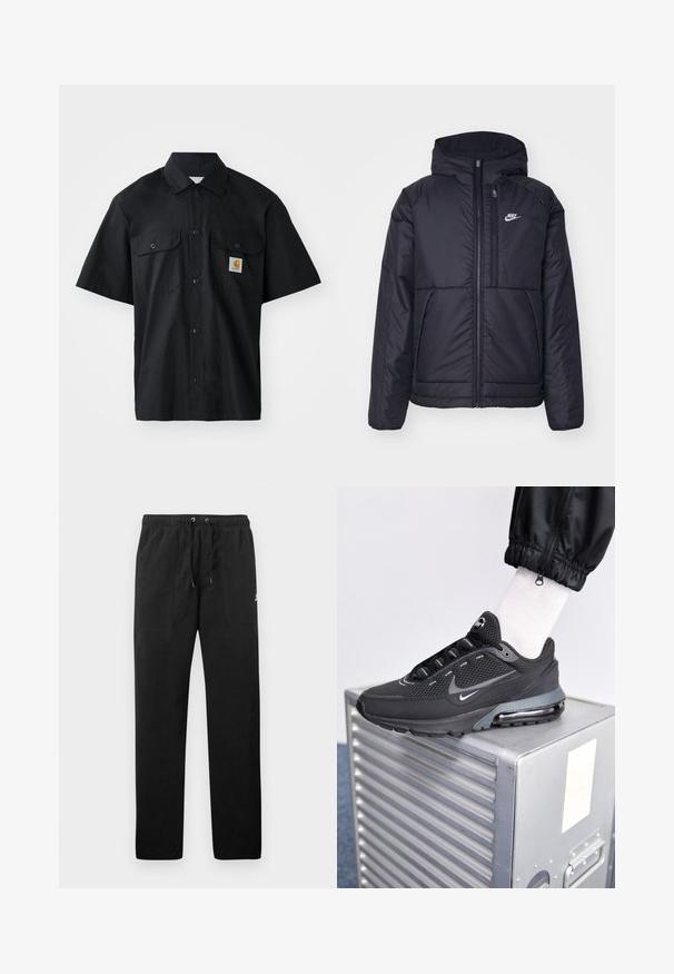 Chaqueta acolchada negra de Nike con cremallera frontal y capucha. Presenta un logo blanco en el lado izquierdo del pecho y dos bolsillos frontales. Textura exterior suave.; Camisa negra de manga corta hecha de tejido entrelazado, con cierre de botones en la parte delantera, dos bolsillos en el pecho y un pequeño parche de logo naranja.; Pantalones deportivos negros de felpa, con una cinturilla elástica con cordones, dos bolsillos delanteros y un pequeño logo en el muslo.; Nike Sportswear PULSE - Zapatillas - black/anthracite