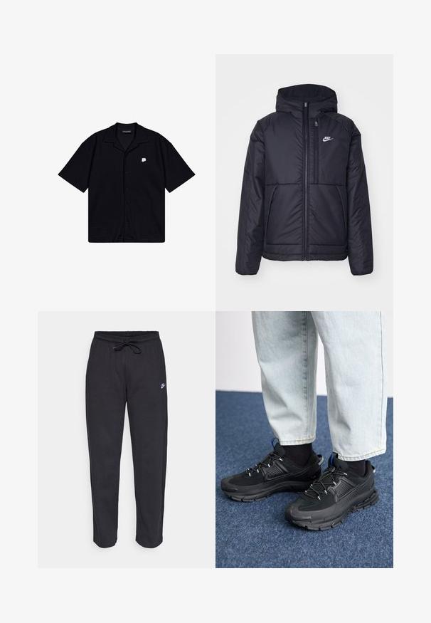 Czarna, pikowana kurtka Nike z przednim zamkiem błyskawicznym i kapturem. Posiada białe logo po lewej stronie klatki piersiowej oraz podwójne kieszenie z przodu. Gładka struktura zewnętrzna.; Czarna koszula z krótkim rękawem na guziki, wykonana z teksturowanej tkaniny, z wywijanym kołnierzem i małym haftowanym logo po lewej stronie klatki piersiowej.; Czarne dresy wykonane z miękkiego materiału, z elastycznym pasem, sznurkiem do ściągania i małym logo Nike na lewej udzie.; Czarne buty sportowe z teksturowanej tkaniny i gumowymi podeszwami, z elastycznymi sznurówkami i niebieskim akcentem na pięcie. Noszone z jasnymi dżinsami.