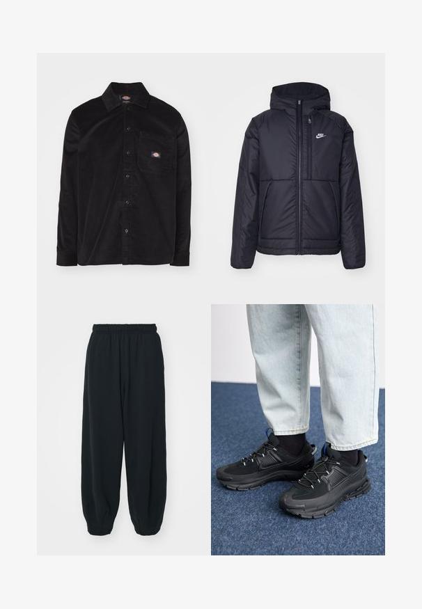 Must musta Nike jope, millel on ees lukuga avamine ja kapuuts. Vasakpoolne rind on kaunistatud valge logoga ning ees on kaks taskut. Sile välimine tekstuur.; Musturite flanellsärk, millel on nööbid alla, pikad varrukad, eesmine tasku ja logopatch. Omab struktureeritud kangast mustrit.; Mustade elastse vöökoha ja laia lõikega dressipüksid, mansetiga sääred, sile tekstuur ning ilma nähtavate mustrite või detailideta.; Mustad mustad jooksukingad, millel on tekstureeritud kangas ja kummist tallad, elastsed nöörid ning sinine aksent kandadel. Kandmine heledate teksadega.