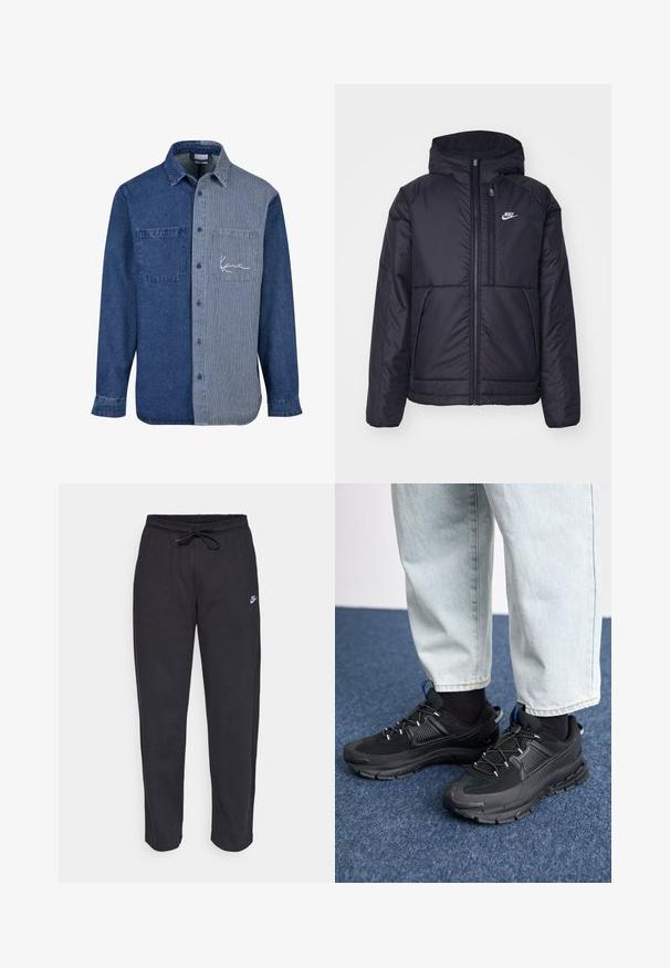 Melna, pufota Nike jaka ar priekšējo rāvējslēdzēju un kapuci. Iezīmēta ar baltu logotipu uz kreisās krūtis un divām priekšējām kabatām. Gluda ārējā tekstūra.; Denims krekls ar vienkrāsainu tumši zilā kreisajā pusē un svītrotu gaiši zilā labajā pusē, ar krūšu kabatu un logo izšuvumu.; Melnas sporta bikses, kas izgatavotas no mīksta auduma, ar elastīgu jostu, auklu un mazu Nike logo uz kreisā augšstilba.; Melni sporta apavi ar strukturētu audumu un gumijas zoli, ar elastīgām auklām un zilu akcentu uz papēža. Nēsāti ar gaišām džinsu biksēm.