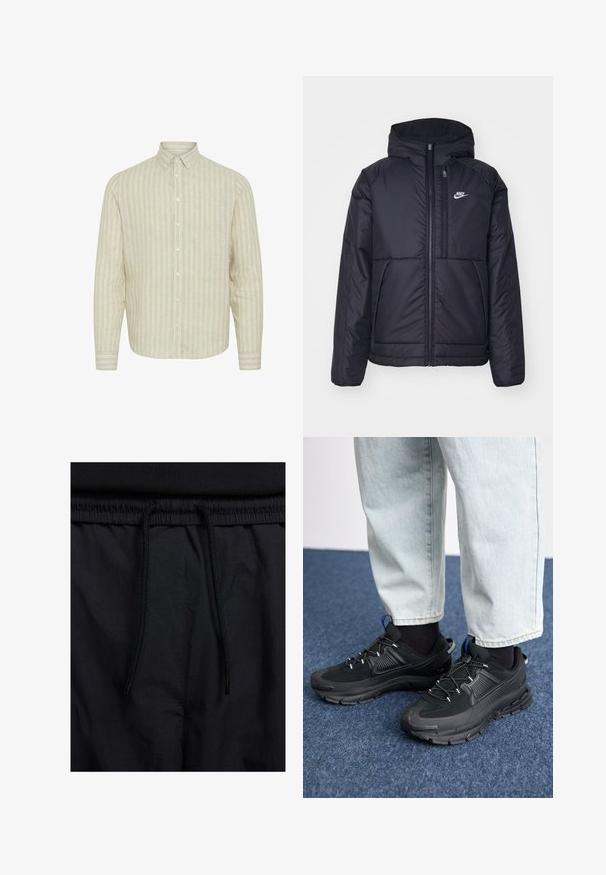 Černá zateplená bunda Nike s předním zipem a kapucí. Na levé straně hrudi má bílé logo a dvojité přední kapsy. Hladký povrch.; Světlý béžový dlouhý rukáv košile s vertikálními pruhy. Vyrobena z texturované tkaniny, má límec na knoflíky a knoflíky na přední části.; Černé šortky s páskem na šňůrku, lehký materiál s hladkou texturou a jednoduchý design bez viditelných log nebo vzorů.; Černé sportovní boty s texturovanou tkaninou a gumovou podrážkou, s elastickými tkaničkami a modrým akcentem na patě. Nosí se s světlými džíny.
