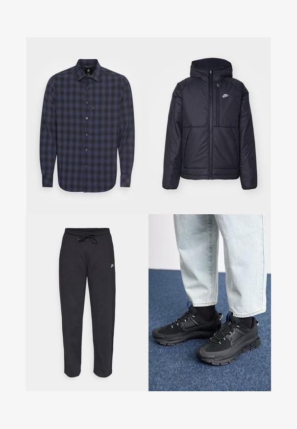 Casaco Nike preto, acolchoado, com fecho à frente e capuz. Apresenta um logo branco no lado esquerdo do peito e dois bolsos frontais. Textura exterior lisa.; G-STAR STALT REGULAR - Camisa - warm sartho small shadow; Calças de treino pretas feitas de tecido suave, com faixa elástica na cintura, cordão regulador e um pequeno logótipo da Nike na coxa esquerda.; Sapatilhas desportivas pretas com tecido texturizado e solas em borracha, apresentando atacadores elásticos e um detalhe azul no calcanhar. Usadas com calças de ganga claras.
