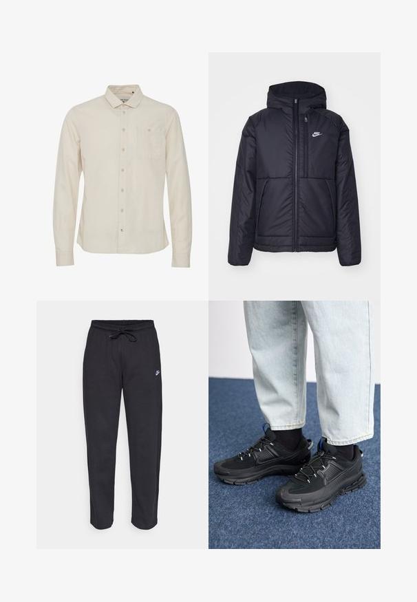 Zwarte, gewatteerde Nike-jas met een voorkant met ritssluiting en capuchon. Kenmerkt zich door een wit logo op de linkerborst en dubbele frontzakken. Gladde buitenkant.; Lichtbeige longsleeve shirt met een button-down kraag, een enkele borstzak en subtiele textuur. Voorzien van een knoopsluiting aan de voorkant.; Zwarte sweatpants van zacht stof met een elastische tailleband, trekkoord en een klein Nike-logo op de linker bovenbeen.; Zwarte sportschoenen met gestructureerde stof en rubberen zolen, met elastische veters en een blauwe accent op de hiel. Draag samen met lichte spijkerbroeken.