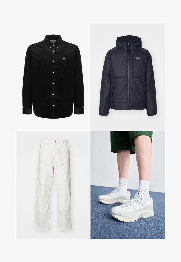 Zwarte, gewatteerde Nike-jas met een voorkant met ritssluiting en capuchon. Kenmerkt zich door een wit logo op de linkerborst en dubbele frontzakken. Gladde buitenkant.; Carhartt WIP MADISON SHIRT - Overhemd - black / wax; Witte katoenen cargobroeken met een relaxte pasvorm. Kenmerken zijn onder andere voorzakken, gouden hardware accenten en versterkte kniezones.; Witte sportieve schoenen met textuuroverlays, een dikke zool en grijze accenten. Draag ze met witte crew-sokken en groene shorts op een blauwe ondergrond.