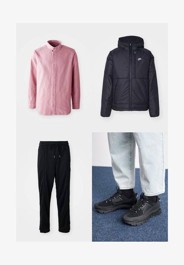 Čierna, polstrovaná bunda Nike so zipsom vpredu a kapucňou. Na ľavej strane hrude sa nachádza biele logo a sú tu dva predné vrecká. Hladký vonkajší povrch.; Košeľa s dlhým rukávom a gombíkmi v svetloružovej látke. Obsahuje klasický golier, šesť gombíkov na prednej strane a nenápadné logo na hrudi.; Čierne voľné nohavice na gumičku v páse s bočnými vreckami a rovnými nohavicami na jednoduchom pozadí.; Čierne športové topánky s textúrovanou tkaninou a gumovou podrážkou, so elastickými šnúrkami a modrým akcentom na päte. Nosia sa s svetlými riflami.