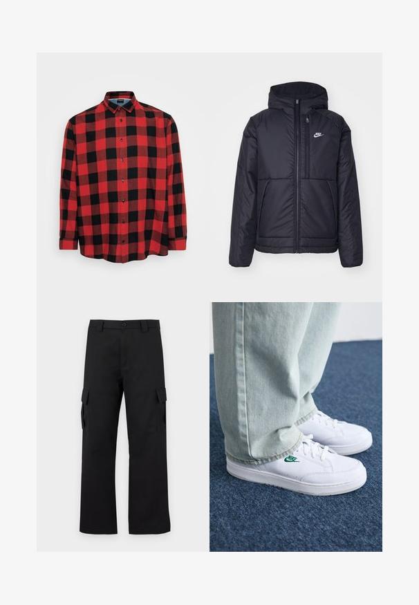 Veste Nike noire rembourrée avec une fermeture éclair sur le devant et une capuche. Elle présente un logo blanc sur la poitrine gauche et deux poches avant. Texture extérieure lisse.; Chemise à manches longues à carreaux rouges et noirs, en coton, col boutonné, boutons noirs, avec un grand motif à carreaux et un ourlet arrondi.; Pantalons cargo noirs avec une coupe droite. Fabriqués à partir d'un tissu durable, ils disposent de deux poches latérales avec fermetures à rabat et d'un zip à bouton.; Baskets en cuir blanc avec logo Nike vert, bout rond, semelle plate, associées à un pantalon en denim bleu clair, présentées sur un tapis bleu.
