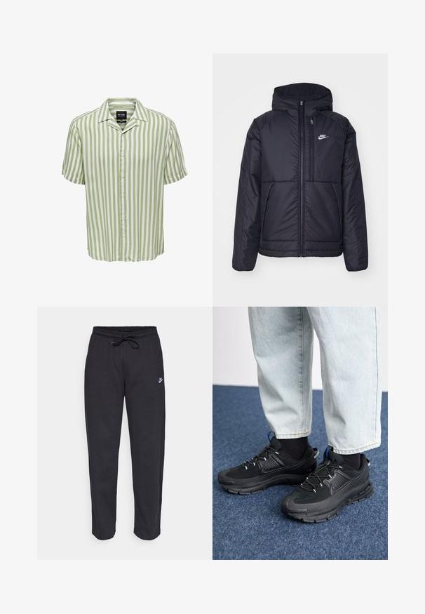 Čierna, polstrovaná bunda Nike so zipsom vpredu a kapucňou. Na ľavej strane hrude sa nachádza biele logo a sú tu dva predné vrecká. Hladký vonkajší povrch.; Prúhovaná košeľa s krátkym rukávom v svetlozelenej a bielej farbe. Má klasický golier a zapínanie na gombíky s uvoľneným strihom. Hladká textúra látky.; Čierne tepláky vyrobené z mäkkej tkaniny s elastickým pásom, sťahovacou šnúrkou a malým logom Nike na ľavom stehne.; Čierne športové topánky s textúrovanou tkaninou a gumovou podrážkou, so elastickými šnúrkami a modrým akcentom na päte. Nosia sa s svetlými riflami.