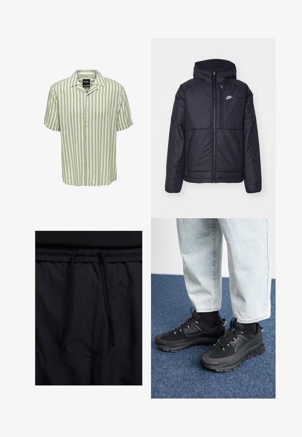 Schwarze, gepolsterte Nike-Jacke mit Frontreißverschluss und Kapuze. Hat ein weißes Logo auf der linken Brust und zwei Fronttaschen. Glattes äußeres Material.; Gestreiftes Kurzarmhemd in Hellgrün und Weiß. Mit klassischem Kragen und Knopfleiste, in entspannter Passform. Glatte Stoffstruktur.; Schwarze Shorts mit einem Kordelzugbund, leichtem Stoff mit glatter Textur und einem schlichten Design ohne sichtbare Logos oder Muster.; Schwarze Sportschuhe aus strukturiertem Stoff mit Gummisohlen, ausgestattet mit elastischen Schnürsenkeln und einem blauen Akzent an der Ferse. Getragen mit hellen Jeans.