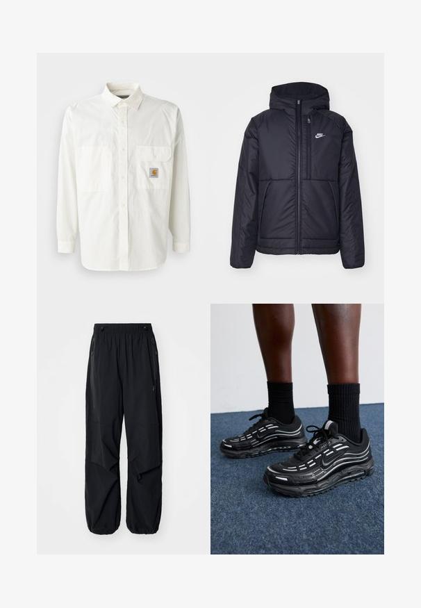 Melna, pufota Nike jaka ar priekšējo rāvējslēdzēju un kapuci. Iezīmēta ar baltu logotipu uz kreisās krūtis un divām priekšējām kabatām. Gluda ārējā tekstūra.; Baltas kokvilnas krekls ar pogām, garām piedurknēm, klasisku apkakli, divām priekšējām kabatām un Carhartt logo uzlīmi.; Melnas vieglas kravas bikses ar elastīgu jostu, sānu rāvējslēdzējiem un plašām kabatām. Izaicinājumu veido brīvi pieguļoša piegriezne un sašaurināti aproces.; Melni Nike apavi ar sietveida augšdaļu, akcentējošām svītrām, teksturētām šņorēm un melnu gumijas zoli. Valkāti ar melniem ribota auduma zeķēm.