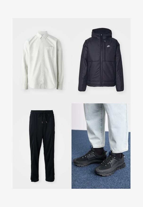Casaco Nike preto, acolchoado, com fecho à frente e capuz. Apresenta um logo branco no lado esquerdo do peito e dois bolsos frontais. Textura exterior lisa.; Camisa de botão cinza claro com mangas longas, gola e um único bolso no peito. Feita de um tecido suave e tecido.; Calças casuais pretas com cordão na cintura, com bolsos laterais e corte reto, sobre um fundo simples.; Sapatilhas desportivas pretas com tecido texturizado e solas em borracha, apresentando atacadores elásticos e um detalhe azul no calcanhar. Usadas com calças de ganga claras.