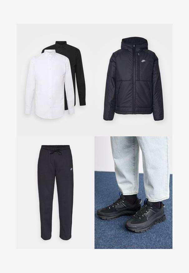 Fekete, párnázott Nike dzseki elülső cipzárral és kapucnival. A bal mellen fehér logó található, valamint két elülső zseb. Simának tűnő külső felület.; Két hosszú ujjas ing, egy fehér és egy fekete, hegyes gallérral és gombos záródással, sima anyagból készült.; Fekete, puha anyagból készült melegítőnadrág, rugalmas derékkal, húzózsinórral és egy kis Nike logóval a bal combján.; Fekete sportcipők texturált anyaggal és gumitalppal, elasztikus fűzőkkel és kék kiegészítővel a saroknál. Világos farmernadrággal viselve.