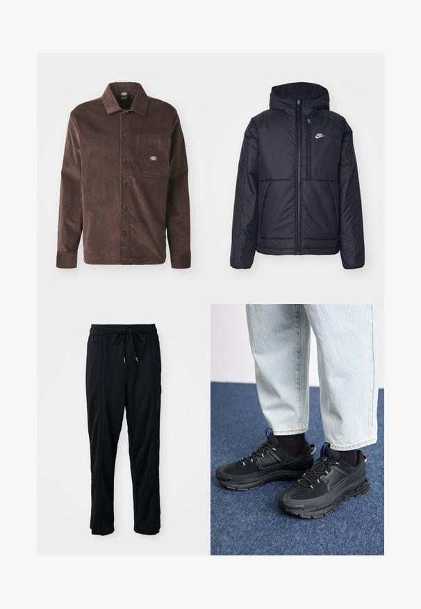 Schwarze, gepolsterte Nike-Jacke mit Frontreißverschluss und Kapuze. Hat ein weißes Logo auf der linken Brust und zwei Fronttaschen. Glattes äußeres Material.; Dickies Hemd - chocolate brown; Schwarze lässige Hosen mit Kordelzug und seitlichen Eingrifftaschen sowie geradem Bein auf einem einfarbigen Hintergrund.; Schwarze Sportschuhe aus strukturiertem Stoff mit Gummisohlen, ausgestattet mit elastischen Schnürsenkeln und einem blauen Akzent an der Ferse. Getragen mit hellen Jeans.