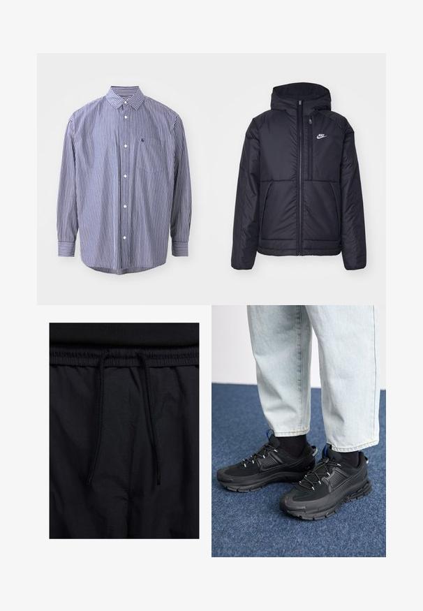 Čierna, polstrovaná bunda Nike so zipsom vpredu a kapucňou. Na ľavej strane hrude sa nachádza biele logo a sú tu dva predné vrecká. Hladký vonkajší povrch.; Prúžkovaná košela s gombíkmi v námorníckej modrej a bielej farbe. Má golier, dlhé rukávy, náprsné vrecko a zakrivený lem. Klasický strih s textúrovanou tkaninou.; Čierne šortky s pásom na stiahnutie, z ľahkej látky s hladkou textúrou a jednoduchým dizajnom bez viditeľných log alebo vzorov.; Čierne športové topánky s textúrovanou tkaninou a gumovou podrážkou, so elastickými šnúrkami a modrým akcentom na päte. Nosia sa s svetlými riflami.