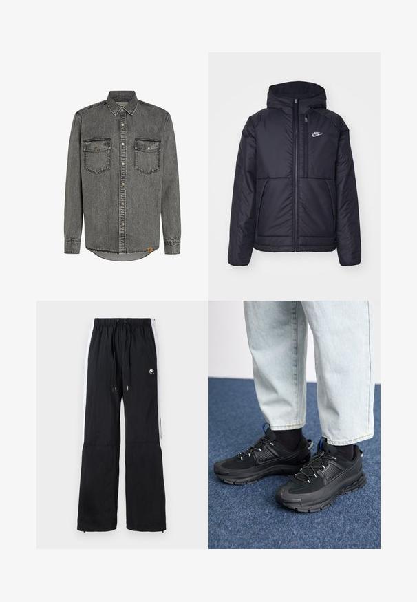 Veste Nike noire rembourrée avec une fermeture éclair sur le devant et une capuche. Elle présente un logo blanc sur la poitrine gauche et deux poches avant. Texture extérieure lisse.; Chemise en denim gris à manches longues, fermeture à boutons, deux poches poitrine et coutures contrastées. Ourlet arrondi et étiquette sur le côté.; Pantalons de sport noirs avec taille élastique, bandes latérales blanches, poignets zippés et un logo en caoutchouc sur le devant.; Des chaussures de sport noires avec un tissu texturé et des semelles en caoutchouc, dotées de lacets élastiques et d'un accent bleu au talon. Portées avec un pantalon en denim clair.