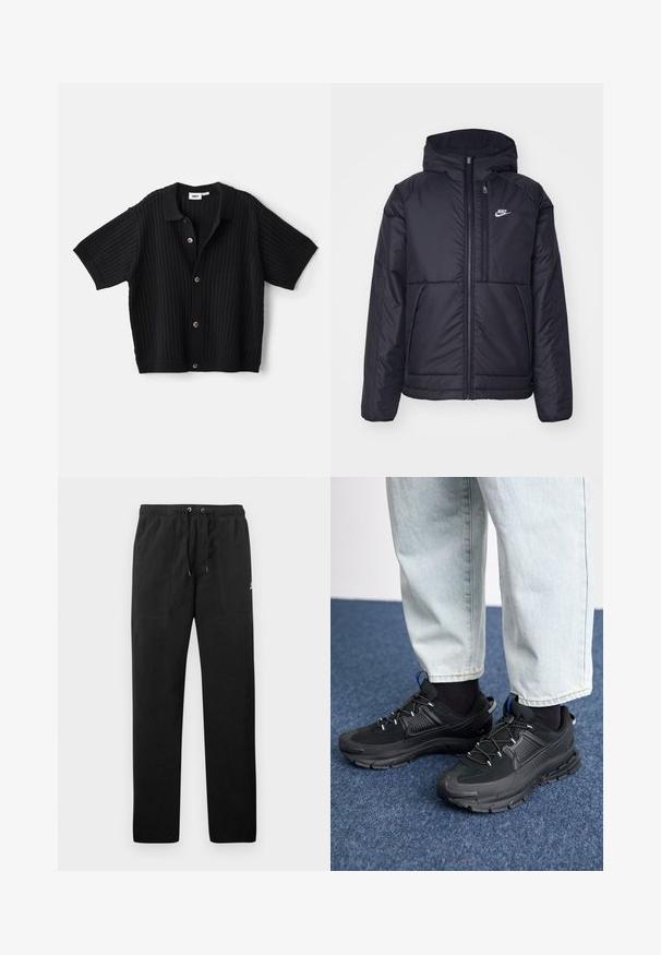 Casaco Nike preto, acolchoado, com fecho à frente e capuz. Apresenta um logo branco no lado esquerdo do peito e dois bolsos frontais. Textura exterior lisa.; Cardigã preto de malha com mangas curtas e gola, apresentando textura ribateada vertical e botões castanhos como detalhe.; Calças de fato de treino pretas feitas de polar, com uma cintura elástica e cordões, dois bolsos frontais e um pequeno logótipo na coxa.; Sapatilhas desportivas pretas com tecido texturizado e solas em borracha, apresentando atacadores elásticos e um detalhe azul no calcanhar. Usadas com calças de ganga claras.
