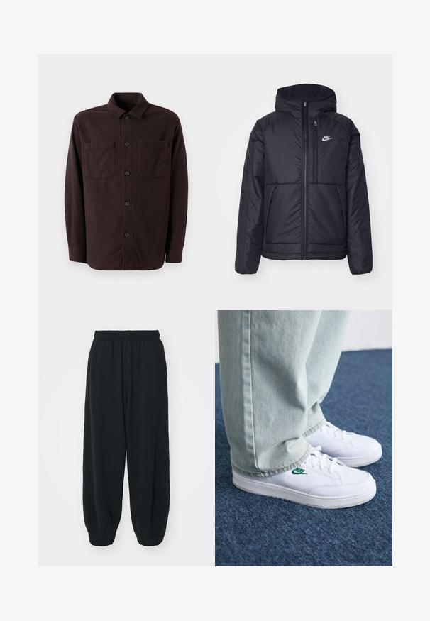 Schwarze, gepolsterte Nike-Jacke mit Frontreißverschluss und Kapuze. Hat ein weißes Logo auf der linken Brust und zwei Fronttaschen. Glattes äußeres Material.; Dunkelbraune Hemdjacke aus weichem Stoff, mit zwei Vordertaschen, einer Knopfleiste und einem klassischen Kragen-Design.; Schwarze Sweatpants mit elastischem Bund, lockerer Passform, gerippten Beinabschlüssen, glatter Textur und ohne sichtbare Muster oder Hardware-Akzente.; Weiße Leder-Sneaker mit grünem Nike-Logo, runde Zehenpartie, flache Sohle, kombiniert mit hellblauen Jeans, präsentiert auf einem blauen Teppich.