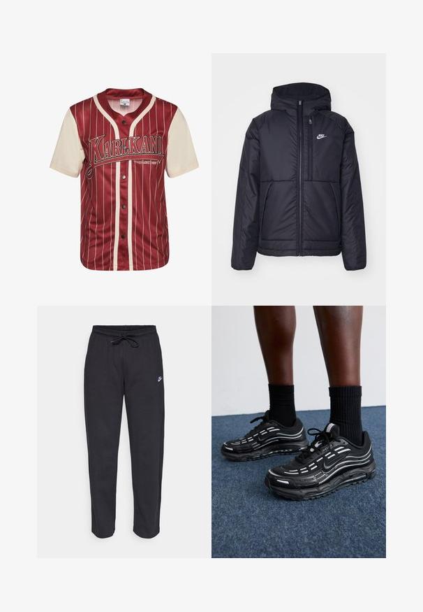 Melna, pufota Nike jaka ar priekšējo rāvējslēdzēju un kapuci. Iezīmēta ar baltu logotipu uz kreisās krūtis un divām priekšējām kabatām. Gluda ārējā tekstūra.; Sarkans un krēms kreklis ar vertikālām svītrām, ar pogu priekšpusi un logo uz krūtīm. Izgatavots no gludas auduma ar mīkstu tekstūru.; Melnas sporta bikses, kas izgatavotas no mīksta auduma, ar elastīgu jostu, auklu un mazu Nike logo uz kreisā augšstilba.; Melni Nike apavi ar sietveida augšdaļu, akcentējošām svītrām, teksturētām šņorēm un melnu gumijas zoli. Valkāti ar melniem ribota auduma zeķēm.