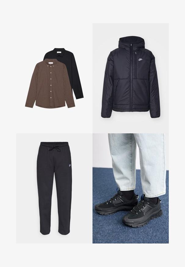 Must musta Nike jope, millel on ees lukuga avamine ja kapuuts. Vasakpoolne rind on kaunistatud valge logoga ning ees on kaks taskut. Sile välimine tekstuur.; Kaks pikakäistelisi särki: üks pruun ruuduline mustriga koos nööpidega ja teine must ühes toonis. Mõlemal on nööpidega krae ja mansetid.; Mustad mustad, pehmest kangast, elastse vöökoha, nööriga ja väikese Nike logo'ga vasakul reiel.; Mustad mustad jooksukingad, millel on tekstureeritud kangas ja kummist tallad, elastsed nöörid ning sinine aksent kandadel. Kandmine heledate teksadega.