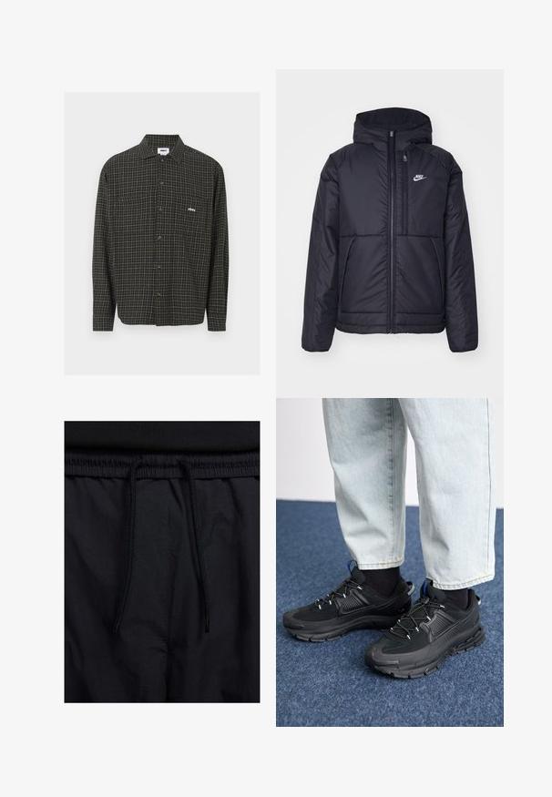 Černá zateplená bunda Nike s předním zipem a kapucí. Na levé straně hrudi má bílé logo a dvojité přední kapsy. Hladký povrch.; Zeleno-černá kostkovaná košile s dlouhými rukávy, dvěma náprsními kapsami a malým bílým logem na levé straně.; Černé šortky s páskem na šňůrku, lehký materiál s hladkou texturou a jednoduchý design bez viditelných log nebo vzorů.; Černé sportovní boty s texturovanou tkaninou a gumovou podrážkou, s elastickými tkaničkami a modrým akcentem na patě. Nosí se s světlými džíny.