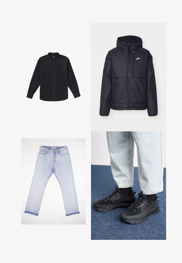 Zwarte, gewatteerde Nike-jas met een voorkant met ritssluiting en capuchon. Kenmerkt zich door een wit logo op de linkerborst en dubbele frontzakken. Gladde buitenkant.; Zwarte langemouwen shirt van zachte stof, met een button-down kraag, een voorzak en knoopsluitingen aan de voorkant.; Lichtblauwe denim jeans met een rechte snit, featuring een hoge taille, vijf zakken en rafelige zomen bij de enkels.; Zwarte sportschoenen met gestructureerde stof en rubberen zolen, met elastische veters en een blauwe accent op de hiel. Draag samen met lichte spijkerbroeken.