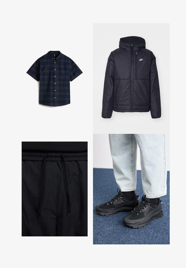 Zwarte, gewatteerde Nike-jas met een voorkant met ritssluiting en capuchon. Kenmerkt zich door een wit logo op de linkerborst en dubbele frontzakken. Gladde buitenkant.; Vans LAWSON - Overhemd - medium blue; Zwarte shorts met een drawstring tailleband, lichtgewicht stof met een zachte textuur en een eenvoudig ontwerp zonder zichtbare logo's of patronen.; Zwarte sportschoenen met gestructureerde stof en rubberen zolen, met elastische veters en een blauwe accent op de hiel. Draag samen met lichte spijkerbroeken.