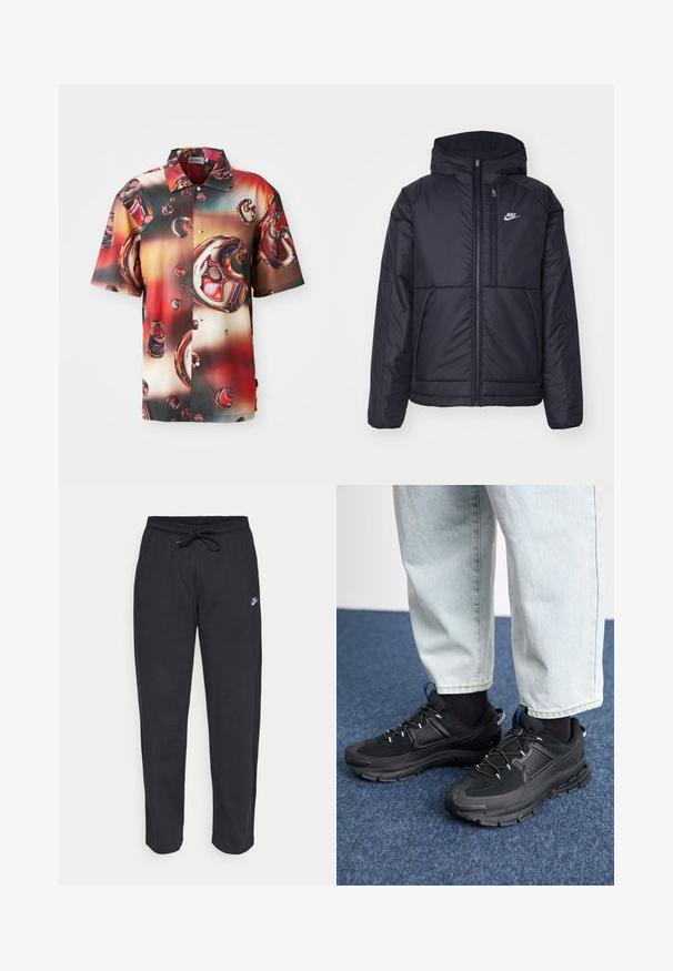Black, padded Nike jacket with a front zipper and hood. Features a white logo on the left chest and dual front pockets. Smooth exterior texture.; Short-sleeve shirt in glossy fabric, featuring a vivid abstract design of red and brown bubbles against a gradient background. Button-up front.; Black sweatpants made of soft fabric with an elastic waistband, drawstring, and a small Nike logo on the left thigh.; Black athletic shoes with textured fabric and rubber soles, featuring elastic laces and a blue accent on the heel. Worn with light denim pants.