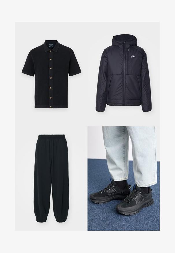 Black, padded Nike jacket with a front zipper and hood. Features a white logo on the left chest and dual front pockets. Smooth exterior texture.; Navy short-sleeve polo shirt with a textured fabric, collared neckline, and brown buttons along the front. Smooth hem and contrasting trim.; Black, elasticated-waist sweatpants with a loose fit, cuffed ankles, smooth texture, and no visible patterns or hardware accents.; Black athletic shoes with textured fabric and rubber soles, featuring elastic laces and a blue accent on the heel. Worn with light denim pants.