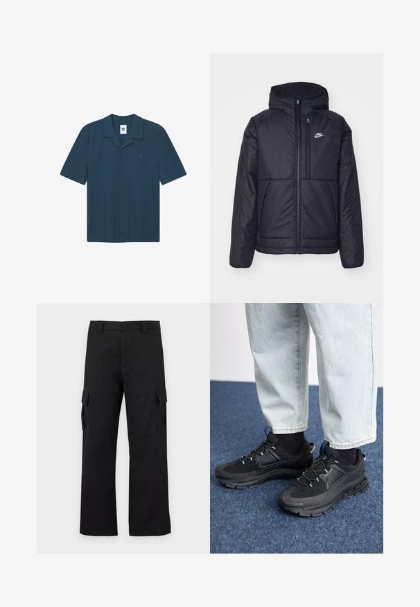 Giacca Nike nera, imbottita, con zip frontale e cappuccio. Presenta un logo bianco sul lato sinistro del petto e doppie tasche frontali. Texture esterna liscia.; Camicia button-up a maniche corte di colore blu scuro, realizzata in tessuto leggero. Presenta un colletto piatto, un logo sul petto e un design dritto.; Pantaloni cargo neri con design a gamba dritta. Realizzati in tessuto resistente, dotati di due tasche laterali con chiusura a pattina e chiusura con bottone.; Scarpe sportive nere con tessuto testurizzato e suole in gomma, dotate di lacci elastici e un accento blu sul tallone. Indossate con pantaloni in denim chiaro.