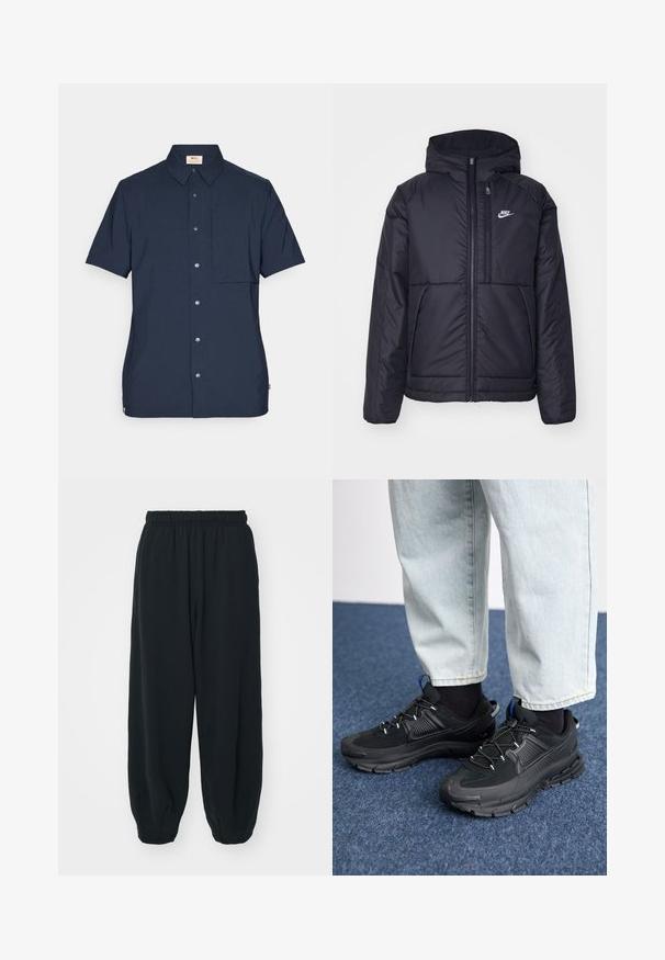 Črna, podložena Nike jakna z sprednjim zadrgo in kapuco. Ima bel logo na levem prsnem delu in dvojna sprednja žepa. Gladka zunanja tekstura.; Polo majica s kratkimi rokavi v mornarsko modri barvi, izdelana iz tkanine, z našitkom na sprednji strani, gumbom za zapiranje in klasičnim ovratnikom.; Črne, elastične hlače za prosti čas z ohlapnim krojem, manšetami na gležnjih, gladko teksturo in brez vidnih vzorcev ali dodatkov.; Črne športne čevlje z teksturirano tkanino in gumijastimi podplati, ki imajo elastične vezalke ter modre poudarke na peti. Nosi se z lahkimi denim hlačami.