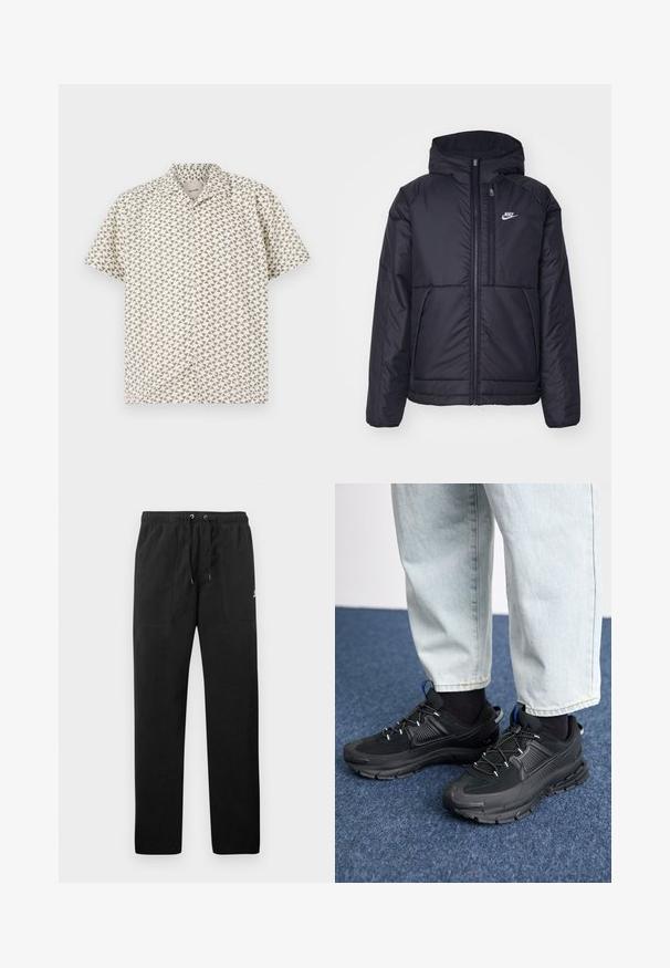 Zwarte, gewatteerde Nike-jas met een voorkant met ritssluiting en capuchon. Kenmerkt zich door een wit logo op de linkerborst en dubbele frontzakken. Gladde buitenkant.; Korte mouwen overhemd met knopen in crème met een geometrisch driehoekpatroon in gedempte groene tinten. Voorzien van een kraag en een lichte stoftextuur.; Zwarte sweatpants van fleece, met een elastische tailleband met trekkoorden, twee voorzakken en een klein logo op de dij.; Zwarte sportschoenen met gestructureerde stof en rubberen zolen, met elastische veters en een blauwe accent op de hiel. Draag samen met lichte spijkerbroeken.