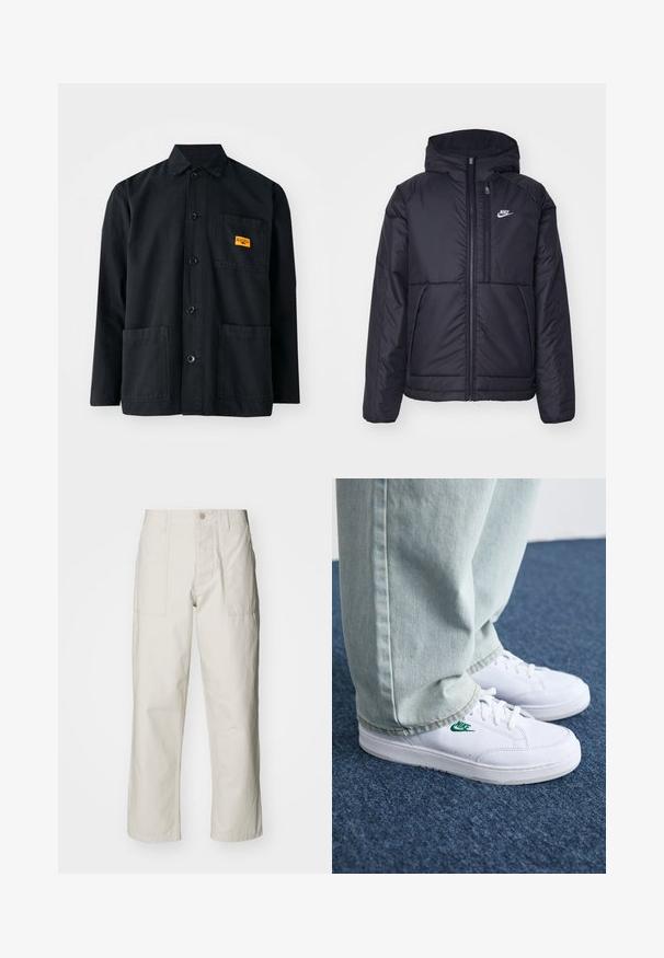 Casaco Nike preto, acolchoado, com fecho à frente e capuz. Apresenta um logo branco no lado esquerdo do peito e dois bolsos frontais. Textura exterior lisa.; Jaqueta de trabalho de algodão preta com fecho de botão, dois bolsos frontais e um pequeno rótulo amarelo no bolso do peito. Design simples e utilitário.; Calças largas em bege claro, feitas de algodão. Apresentam bolsos frontais e fecho com botão. Textura suave com linhas verticais subtis.; Tênis de couro brancos com logo verde da Nike, bico redondo, sola plana, combinados com calças de denim azul claro, exibidos sobre um tapete azul.