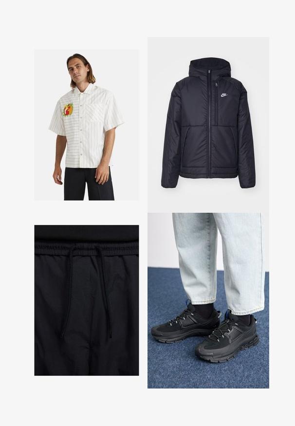 Schwarze, gepolsterte Nike-Jacke mit Frontreißverschluss und Kapuze. Hat ein weißes Logo auf der linken Brust und zwei Fronttaschen. Glattes äußeres Material.; Weißes kurzärmliges Hemd mit schwarzen vertikalen Streifen, das auf der linken Brust ein buntes Obststickerei und eine einzelne Fronttasche aufweist.; Schwarze Shorts mit einem Kordelzugbund, leichtem Stoff mit glatter Textur und einem schlichten Design ohne sichtbare Logos oder Muster.; Schwarze Sportschuhe aus strukturiertem Stoff mit Gummisohlen, ausgestattet mit elastischen Schnürsenkeln und einem blauen Akzent an der Ferse. Getragen mit hellen Jeans.