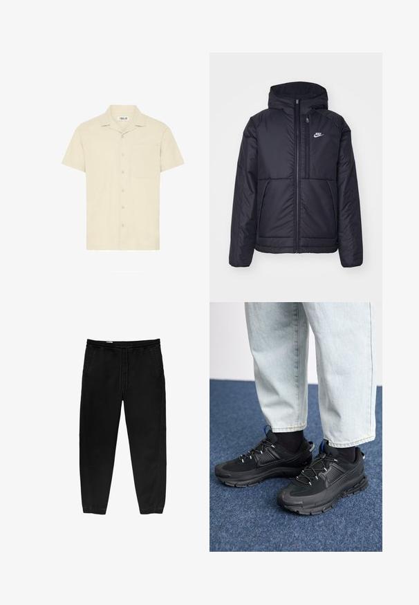 Veste Nike noire rembourrée avec une fermeture éclair sur le devant et une capuche. Elle présente un logo blanc sur la poitrine gauche et deux poches avant. Texture extérieure lisse.; Chemise à manches courtes et col en tissu beige clair, avec une poche frontale et une fermeture à boutons composée de cinq boutons.; Pantalons noirs à taille élastique avec un cordon de serrage, jambes fuselées, poches latérales et détails de couture subtile sur les côtés. Texture douce en coton.; Des chaussures de sport noires avec un tissu texturé et des semelles en caoutchouc, dotées de lacets élastiques et d'un accent bleu au talon. Portées avec un pantalon en denim clair.