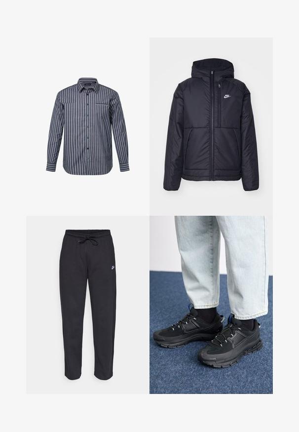 Černá zateplená bunda Nike s předním zipem a kapucí. Na levé straně hrudi má bílé logo a dvojité přední kapsy. Hladký povrch.; Pruhovaná košile s dlouhým rukávem ve tmavě modré barvě s vertikálními světle růžovými a bílými pruhy. Má límeček a detail kapsy na prsou.; Černé tepláky vyrobené z měkké tkaniny s elastickým pasem, šňůrkou na stažení a malým logem Nike na levém stehně.; Černé sportovní boty s texturovanou tkaninou a gumovou podrážkou, s elastickými tkaničkami a modrým akcentem na patě. Nosí se s světlými džíny.