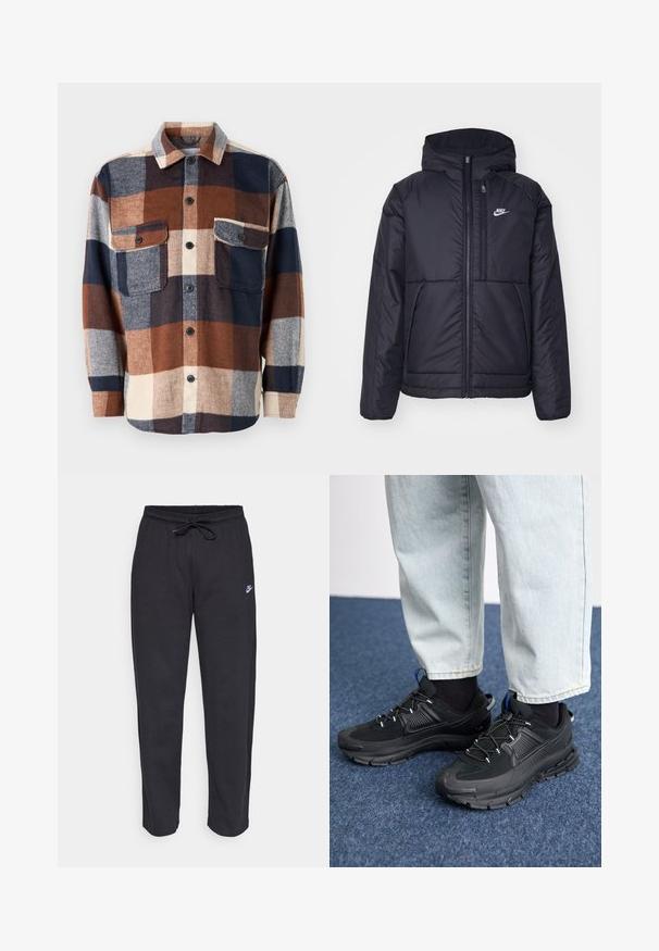 Chaqueta acolchada negra de Nike con cremallera frontal y capucha. Presenta un logo blanco en el lado izquierdo del pecho y dos bolsillos frontales. Textura exterior suave.; Camisa de franela a cuadros en marrón, azul marino y crema. Presenta un cierre de botones en la parte delantera, dos bolsillos en el pecho y un cuello extendido. Textura suave.; Pantalones de chándal negros hechos de una tela suave, con cintura elástica, cordón y un pequeño logo de Nike en el muslo izquierdo.; Zapatillas deportivas negras con tejido texturizado y suelas de goma, con cordones elásticos y un acento azul en el talón. Combinadas con pantalones de mezclilla claros.