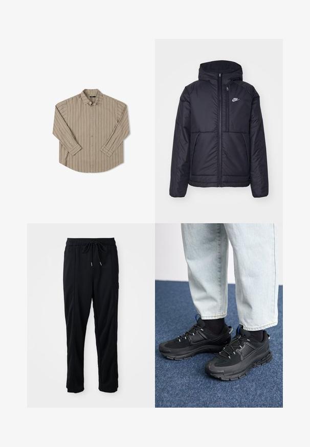 Chaqueta acolchada negra de Nike con cremallera frontal y capucha. Presenta un logo blanco en el lado izquierdo del pecho y dos bolsillos frontales. Textura exterior suave.; Camisa de manga larga beige con rayas verticales, un bolsillo en el pecho, cuello abotonado y dobladillo redondeado. Textura de tela suave.; Pantalones casuales negros con cordón en la cintura, con bolsillos laterales y corte de pierna recta sobre un fondo liso.; Zapatillas deportivas negras con tejido texturizado y suelas de goma, con cordones elásticos y un acento azul en el talón. Combinadas con pantalones de mezclilla claros.