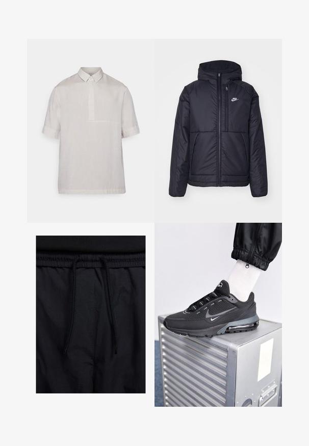 Giacca Nike nera, imbottita, con zip frontale e cappuccio. Presenta un logo bianco sul lato sinistro del petto e doppie tasche frontali. Texture esterna liscia.; Camicia a maniche corte con colletto in lino beige chiaro. Caratterizzata da un'apertura a mezza bottoniera e una sottile trama. Design pulito e minimale.; Shorts neri con vita regolabile tramite coulisse, tessuto leggero con una texture liscia e un design semplice senza loghi o motivi visibili.; Nike Sportswear PULSE - Sneakers basse - black/anthracite