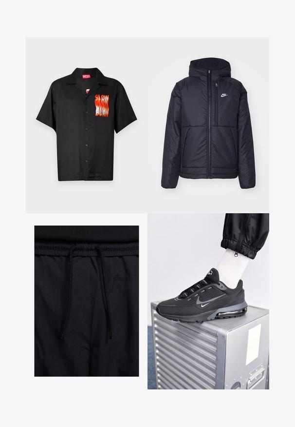 Zwarte, gewatteerde Nike-jas met een voorkant met ritssluiting en capuchon. Kenmerkt zich door een wit logo op de linkerborst en dubbele frontzakken. Gladde buitenkant.; Zwarte T-shirt met korte mouwen van gladde stof, voorzien van een rood en oranje "SLOW BURN" graphic aan de linkerkant en een klassieke kraag.; Zwarte shorts met een drawstring tailleband, lichtgewicht stof met een zachte textuur en een eenvoudig ontwerp zonder zichtbare logo's of patronen.; Nike Sportswear PULSE - Sneakers laag - black/anthracite